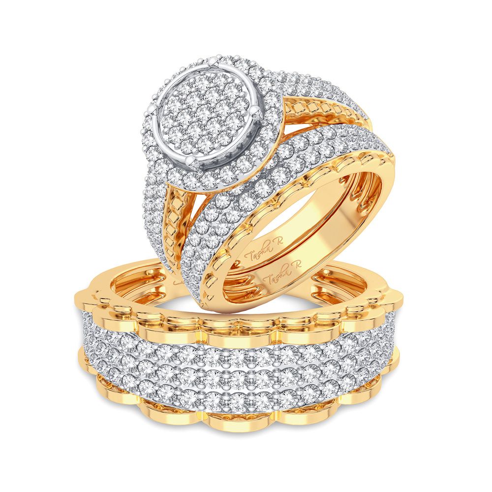 14K Yellow Gold 2CT Lab Diamond Bridal Trio Wedding Ring Set