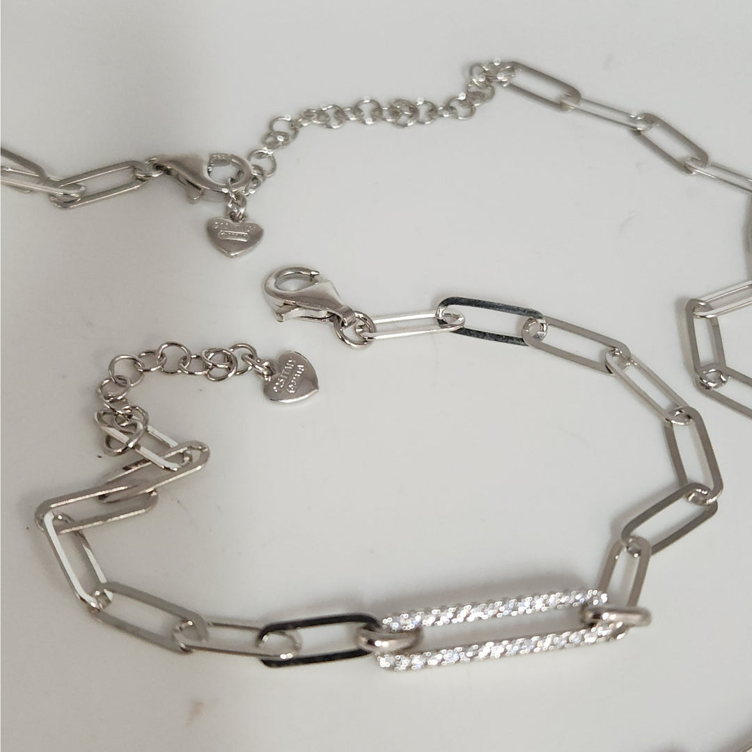 925 Sterling Silver Paperclip Link Necklace & Bracelet Set with CZ Accents