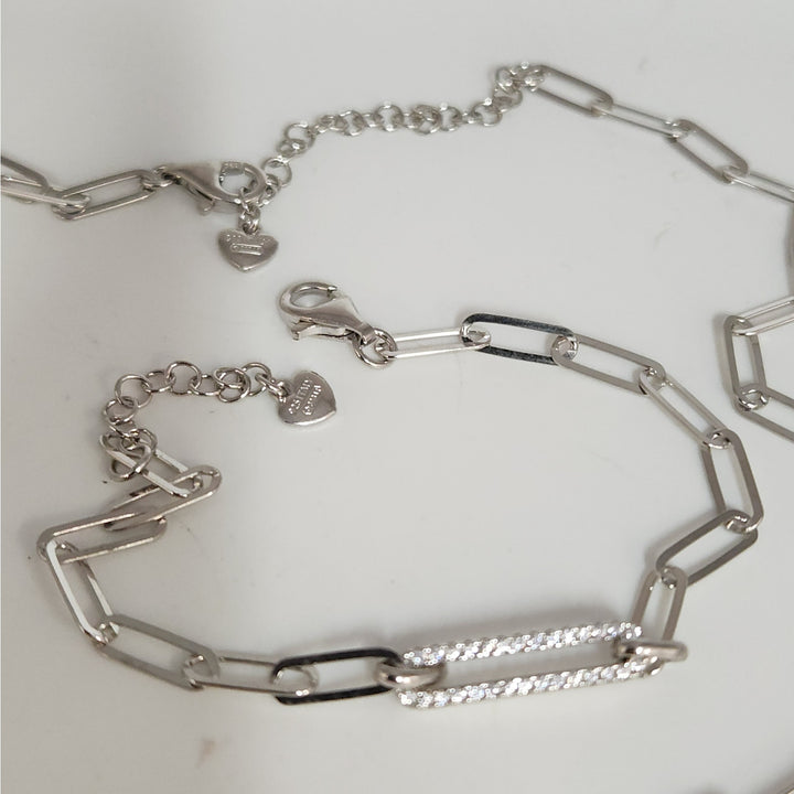925 Sterling Silver Paperclip Link Necklace & Bracelet Set with CZ Accents