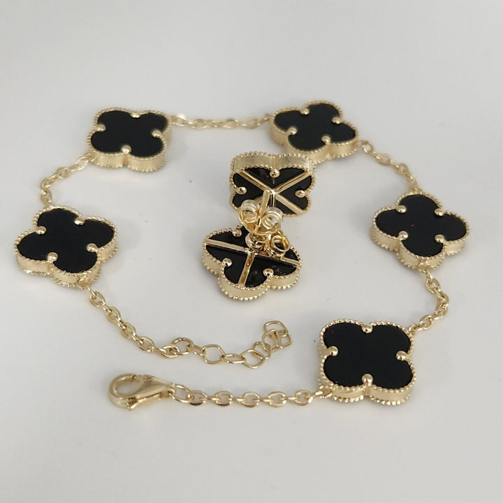 14k Yellow Gold Set Of Onyx Clover Flowers Bracelet 7.5" And Earrings