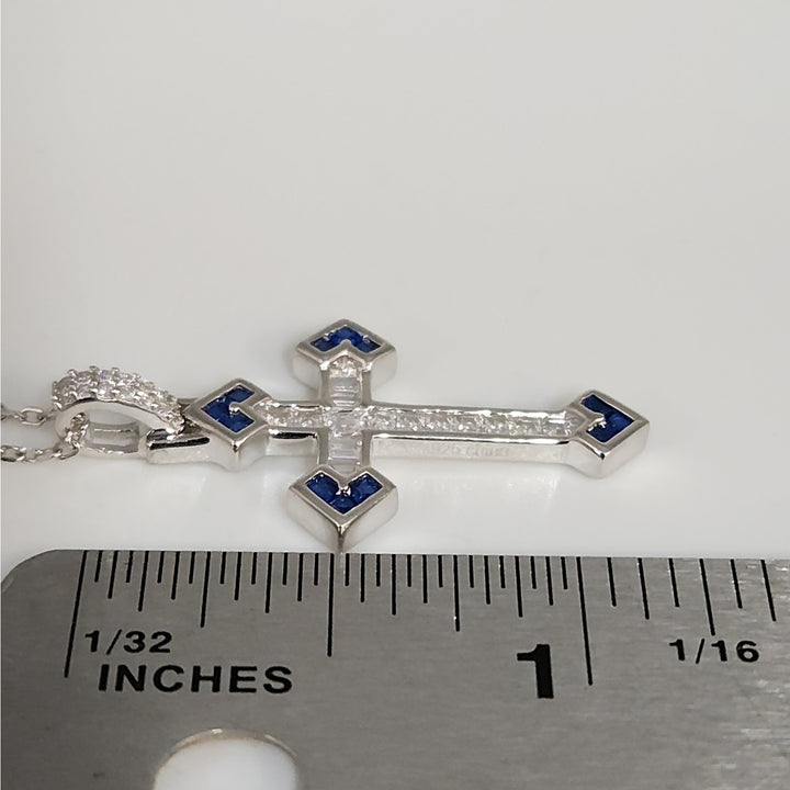 Elegant 925 Sterling Silver Cross Pendant Necklace Baguette CZ & Blue Sapphires