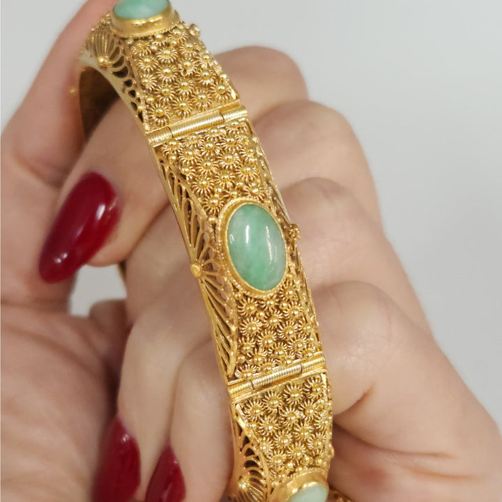 Vintage Natural Jade Gold-Plated Sterling Silver Filigree Hinged Bangle Bracelet
