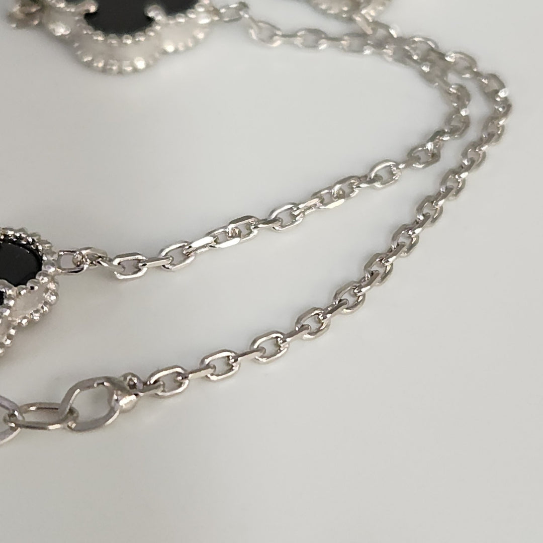 Fashion Silver Onyx Clover Motifs Necklace 22.5"