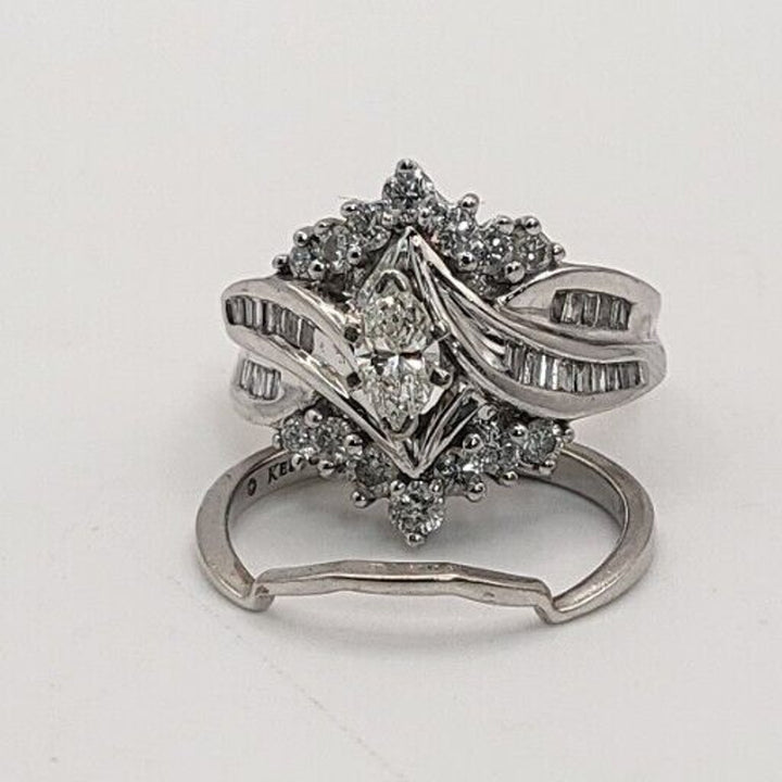 14k White Gold Fancy Diamond Ring With Lock Ring, 9.6g. Sz 6.5