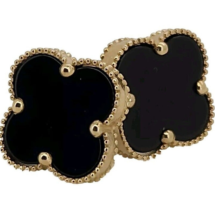 14k Yellow Gold Onyx Clover Flower Stud Earrings