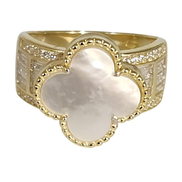 Gold Plated 925 Silver Clover Ring With White Mother Of Pearl Style Stone And...