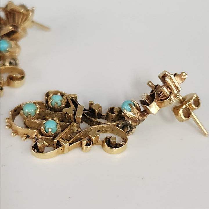 Vintage 14k Yellow Gold & blue Turquoise chandelier Stud Earrings