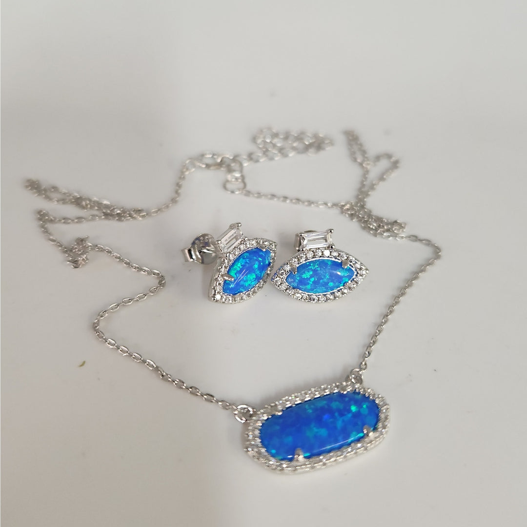 925 Sterling Silver Blue Opal & CZ jewelry set Necklace & Matching Earrings
