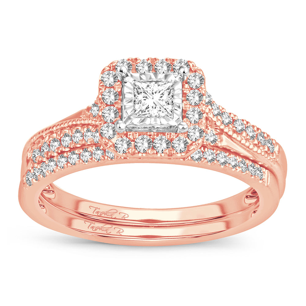 Romantic 14k Rose Gold Lab Diamond Bridal Ring Set