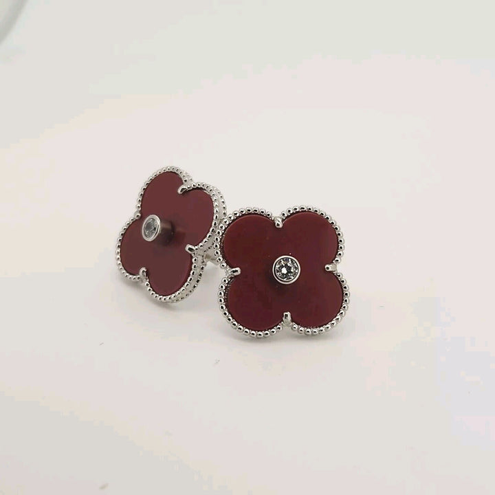 925 sterling silver Red Agate Zirconia Stud Flower Earrings