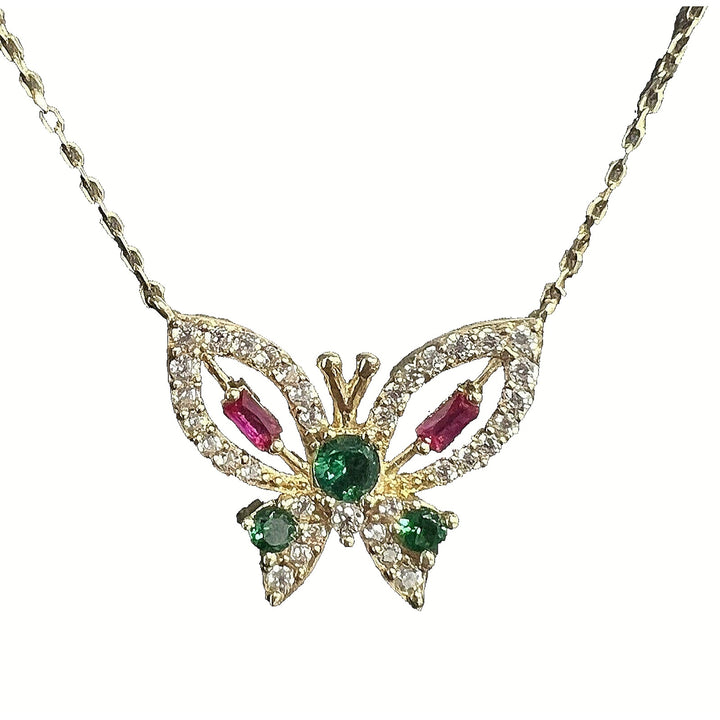 14k Gold Butterfly Multi Colored Gemstone 18in Necklace