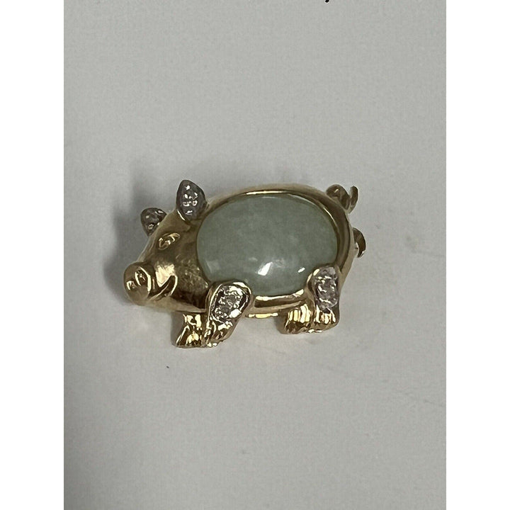 10k Yellow Gold Jade & Diamond Pig Brooch pin And Pendant