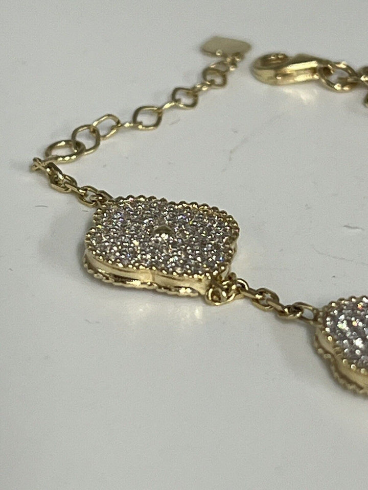 Fashion 14k Gold And Zirconia Solid Flower Bracelet 7.5”