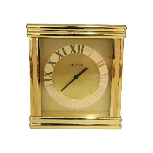 Vintage Tiffany &CO Large Rectangle Brass Desk Clock Quartz Roman Numerals