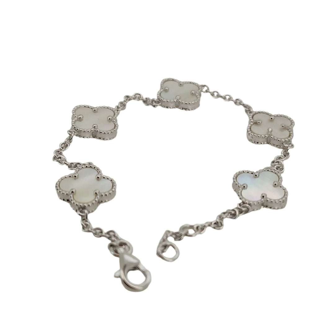 925 Sterling Silver Mother Of Pearl Flowers Bracelet 7.5"
