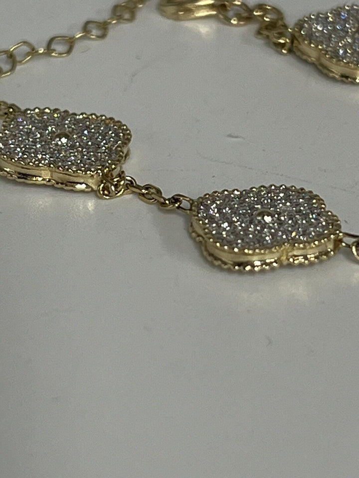 Fashion 14k Gold And Zirconia Solid Flower Bracelet 7.5”