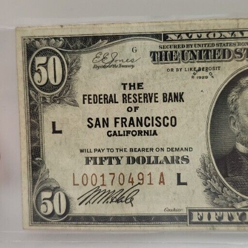 1929 $50 CURRENCY BANK NOTE THE FEDERAL RESERVE BANK of SAN  FRANCISCO CA.