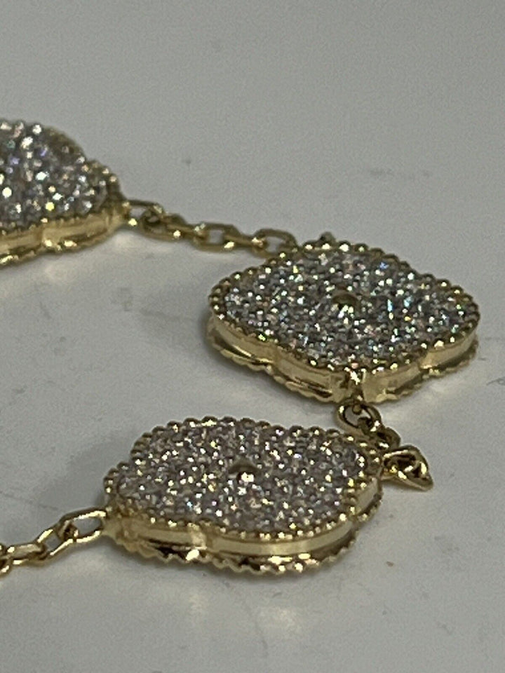 Fashion 14k Gold And Zirconia Solid Flower Bracelet 7.5”