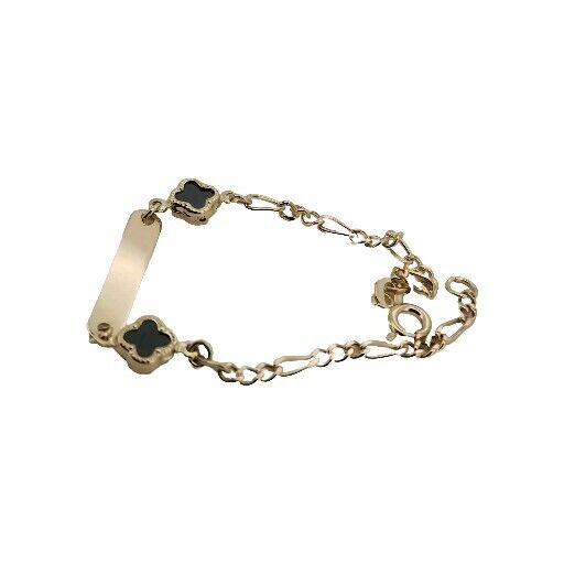 14k Yellow Gold Cute Onyx Baby ID Figaro's Link Bracelet 5.2"