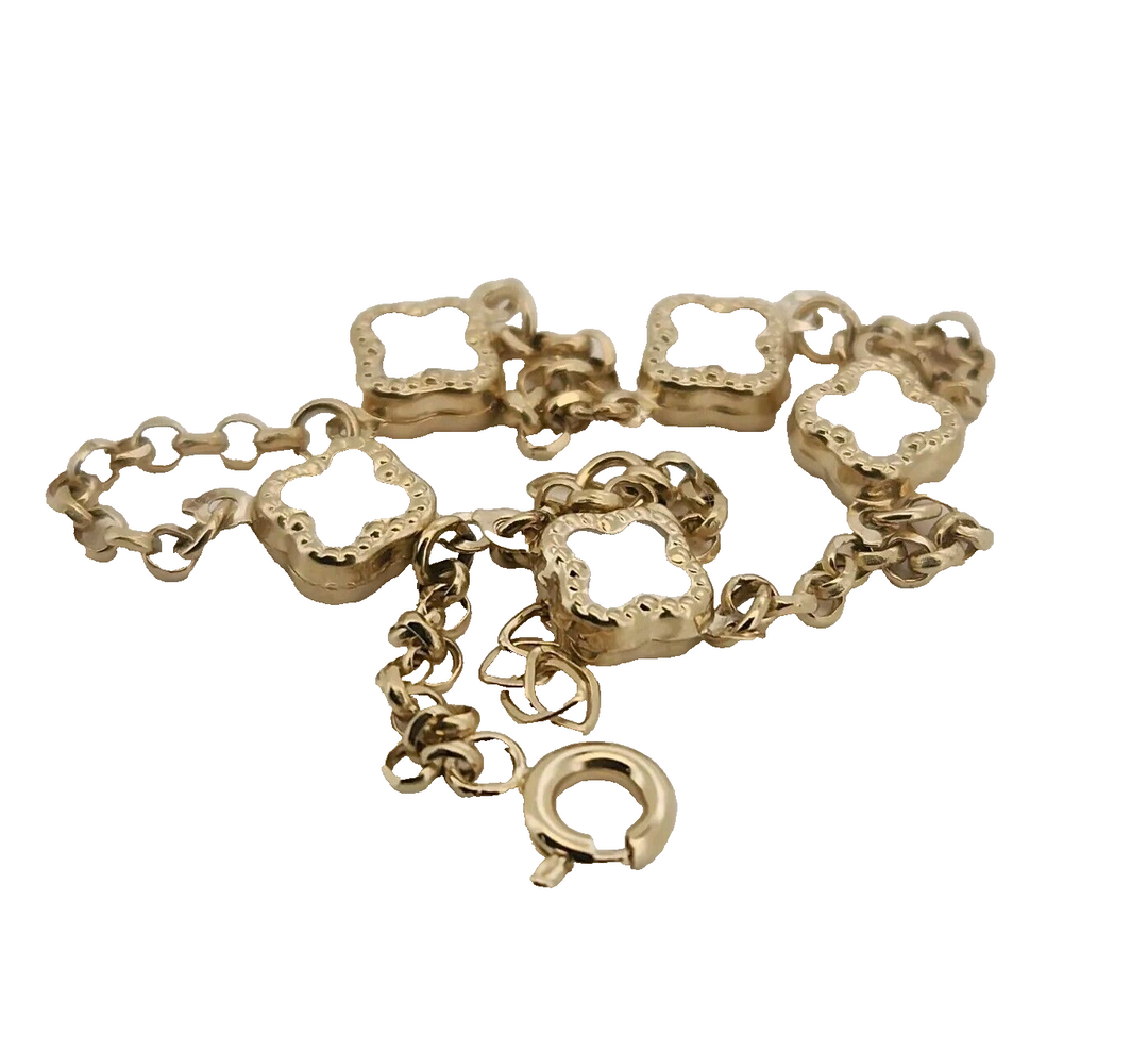 14k Yellow Gold Mother Of Pearl Flowers Bracelet 7.2"