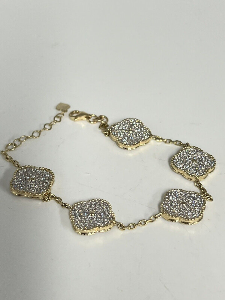 Fashion 14k Gold And Zirconia Solid Flower Bracelet 7.5”