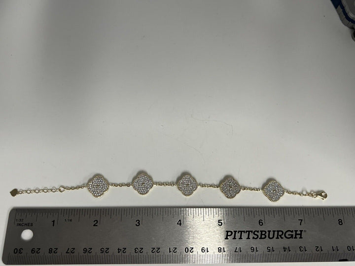 Fashion 14k Gold And Zirconia Solid Flower Bracelet 7.5”