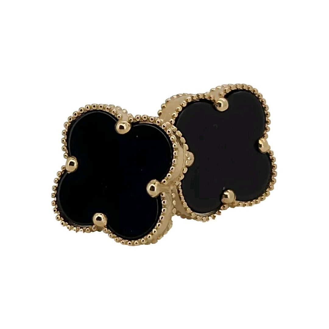 14k Yellow Gold Onyx Flower Stud  Earrings