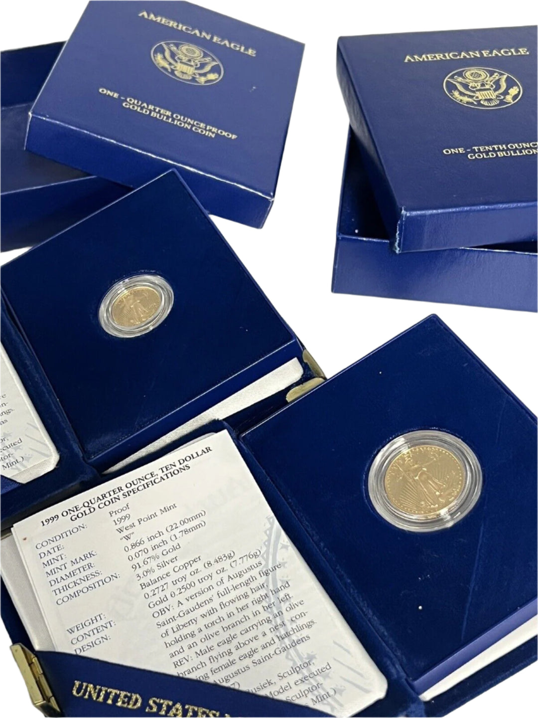 Set Of 1998 & 1999 One-tenth And One Quarter Ounce Gold American Eagle COA Coins