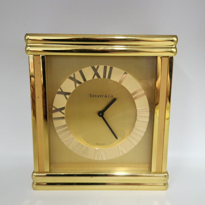 Vintage Tiffany &CO Large Rectangle Brass Desk Clock Quartz Roman Numerals