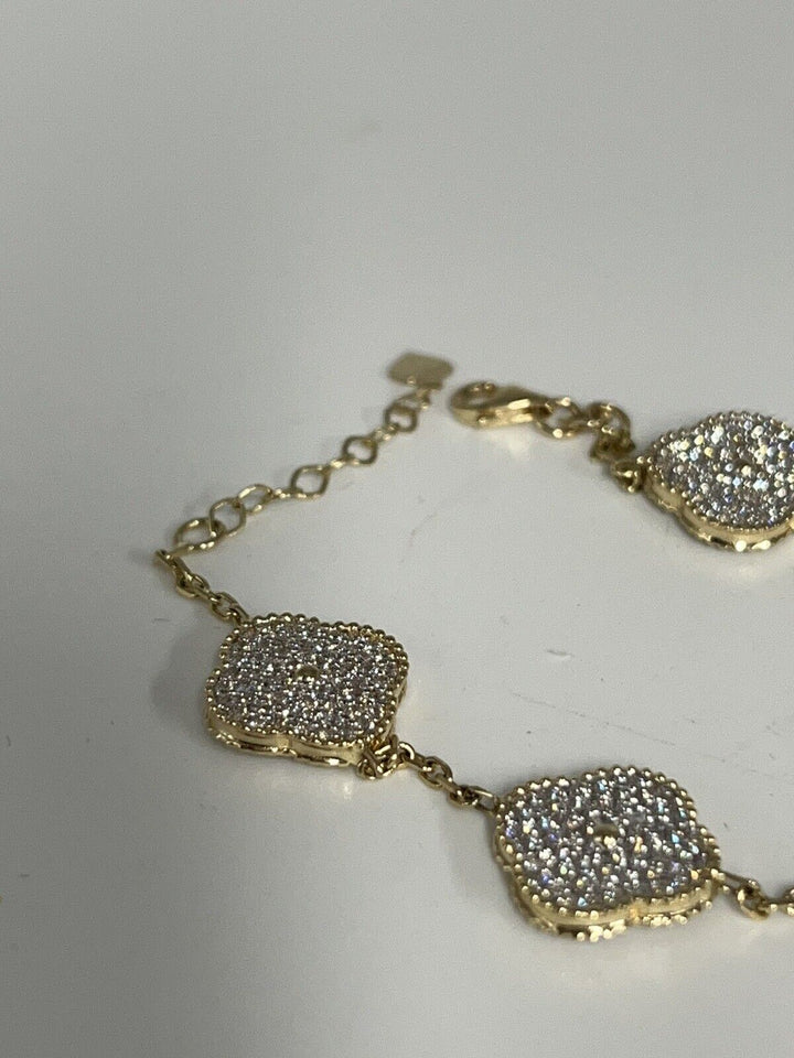 Fashion 14k Gold And Zirconia Solid Flower Bracelet 7.5”