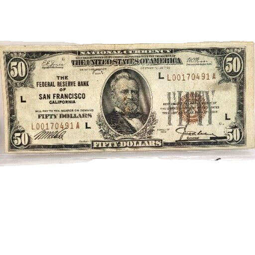 1929 $50 CURRENCY BANK NOTE THE FEDERAL RESERVE BANK of SAN  FRANCISCO CA.