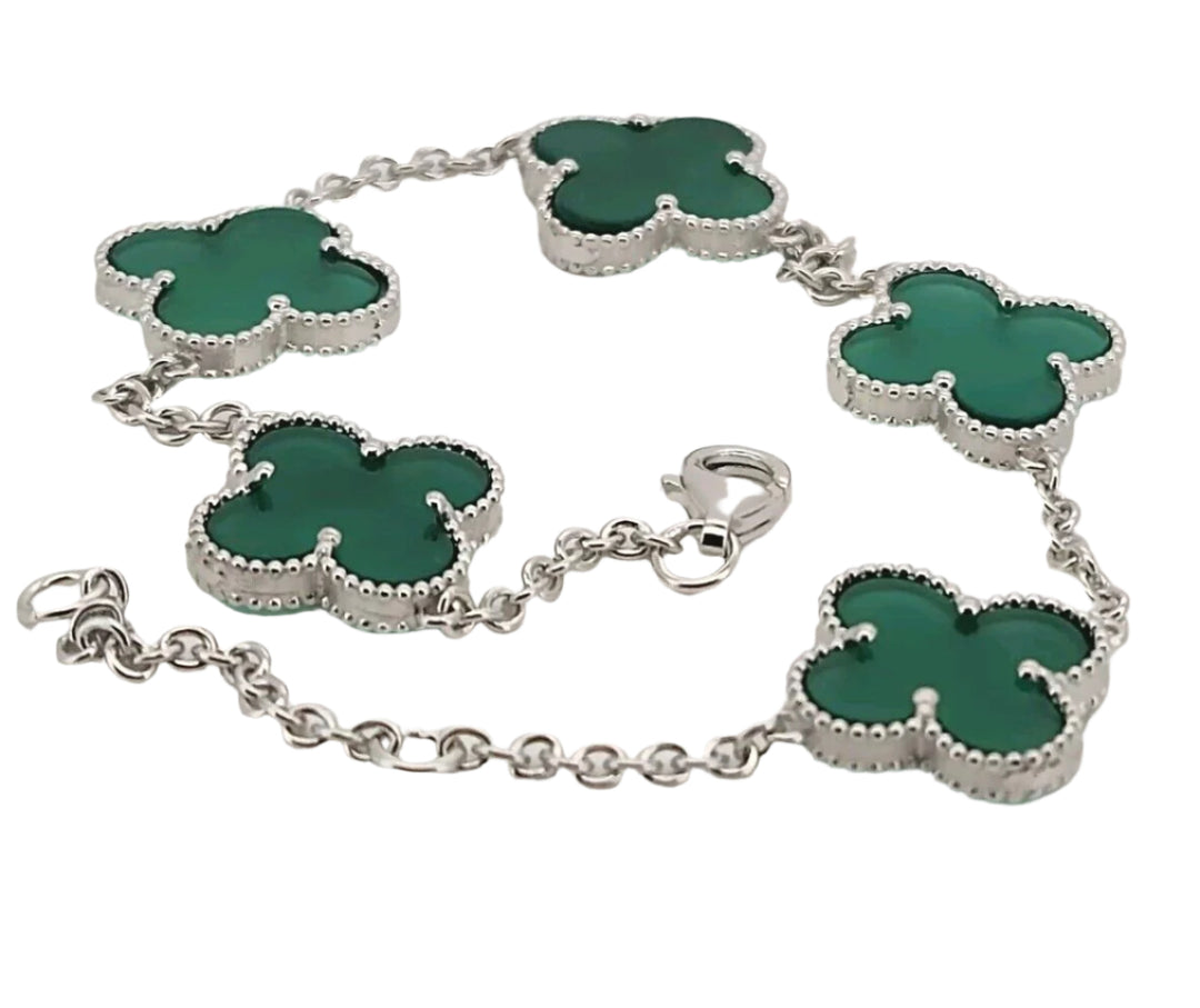 925 Sterling Silver Green Flowers Bracelet 8.2"