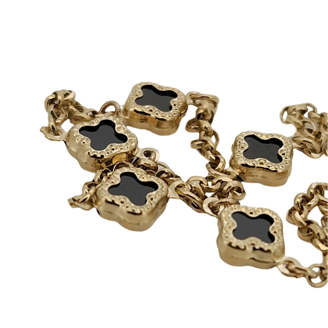 14k Yellow Gold Onyx Flowers Bracelet 7.2"