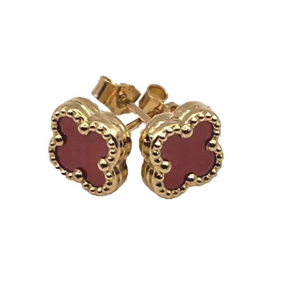 14k Yellow Gold Red Flower Earrings