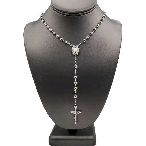 925 Sterling Silver Rosary 5MM Necklace 24"A