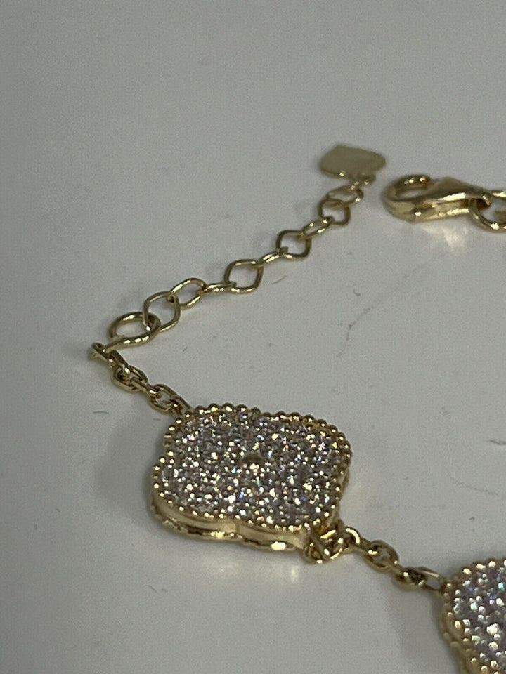 Fashion 14k Gold And Zirconia Solid Flower Bracelet 7.5”