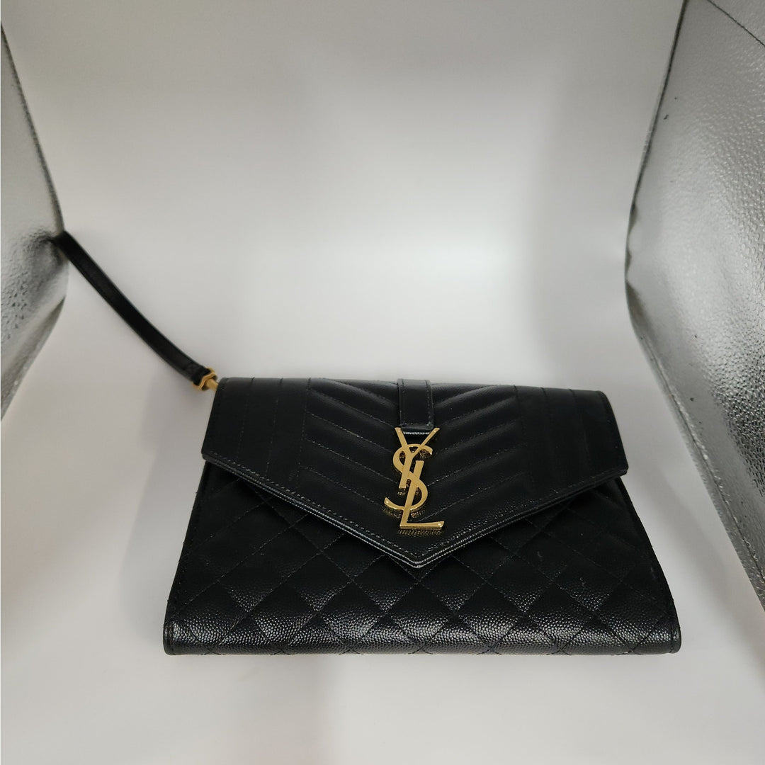 Saint Lauren YSL Black Quilted Envelope Wallet /Crossbody Bag W/ Gold Hardware