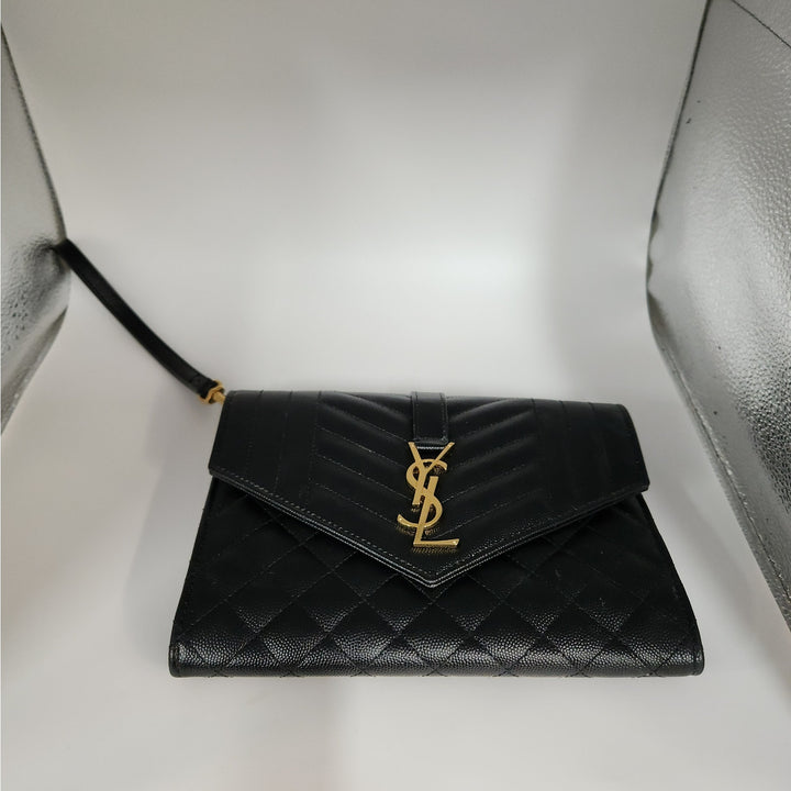 Saint Lauren YSL Black Quilted Envelope Wallet /Crossbody Bag W/ Gold Hardware
