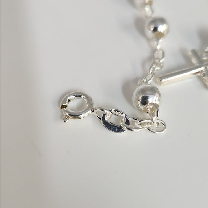 925 Sterling Silver Rosary Bead Cross Bracelet 7.5"
