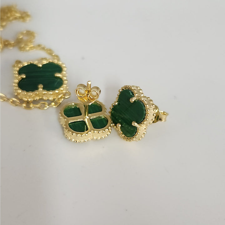 925 Silver Malachite Flowers Jewelry Set With Gold Tone Necklace And Earrings