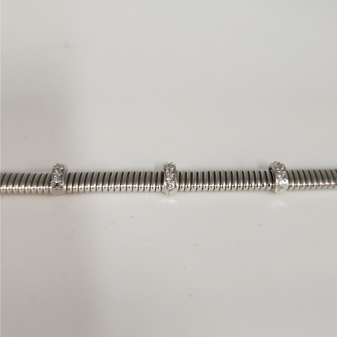 925 Sterling Silver Ribbed Cuff Bracelet with CZ Accents 7.2"