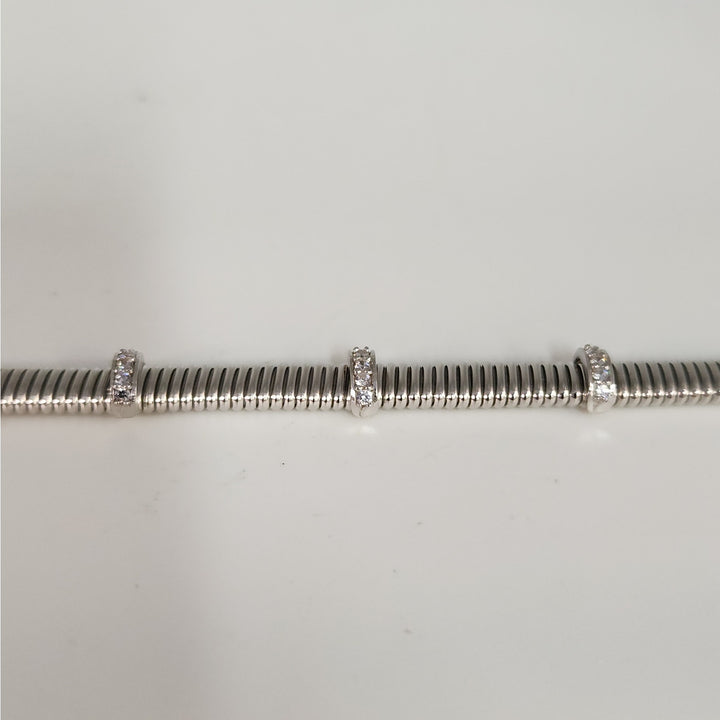925 Sterling Silver Ribbed Cuff Bracelet with CZ Accents 7.2"