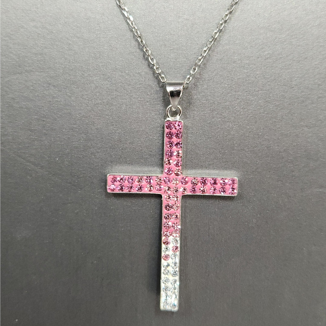 925 Sterling Silver Pink & White Crystal Cross Pendant Necklace 18"