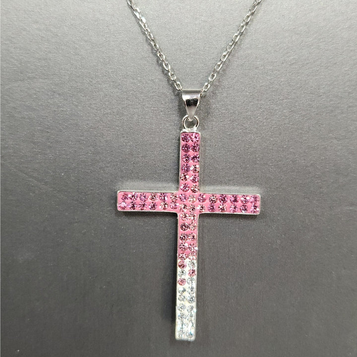 925 Sterling Silver Pink & White Crystal Cross Pendant Necklace 18"
