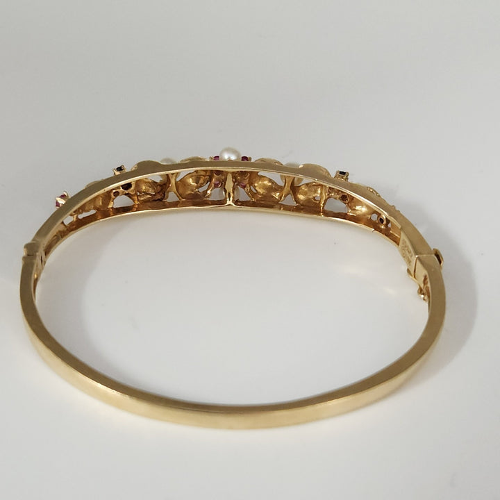 Set Of Antique 14k Yellow Gold Diamond,Pearls,Ruby &Sapphire Bangle Bracelets