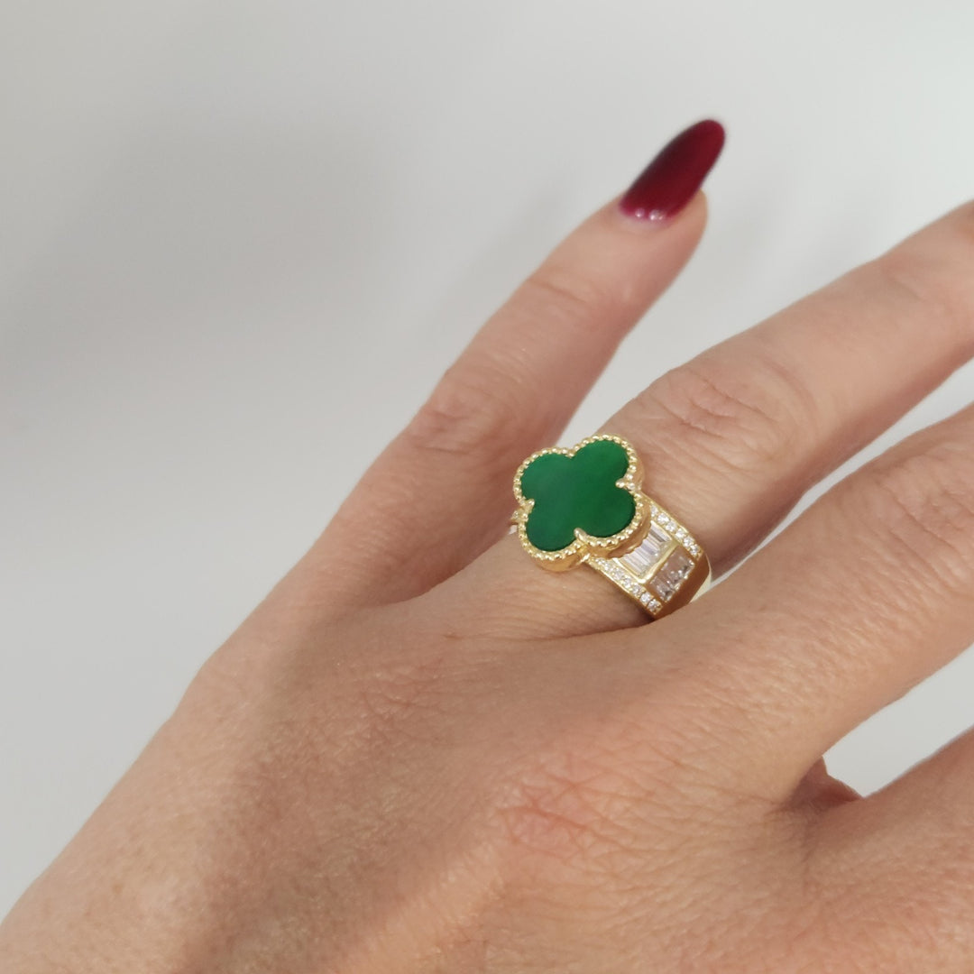 Luxury Gold Plated 925 Silver Clover Ring With Natural Malachite And Zirconia...