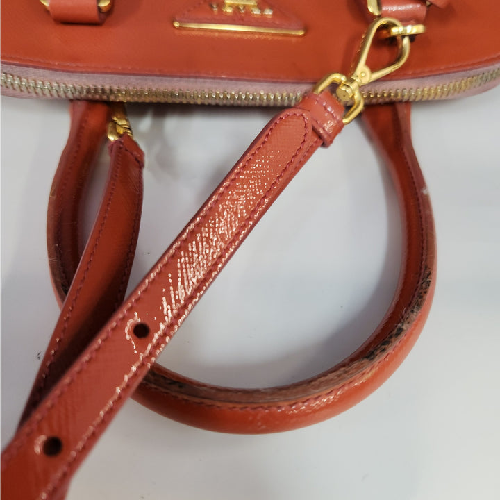 Authentic Prada Orange Saffiano Vernic Handbag w/ Gold Hardware & Shoulder Strap
