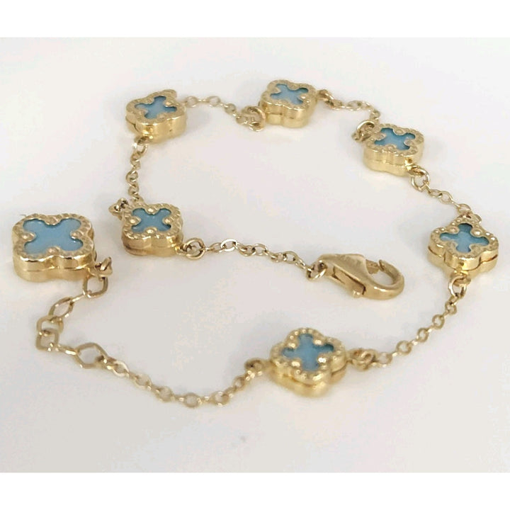 14k Yellow Gold Fashion Blue Flowers Bracelet 7.5"