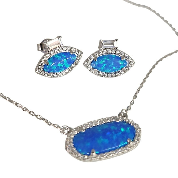 925 Sterling Silver Blue Opal & CZ jewelry set Necklace & Matching Earrings