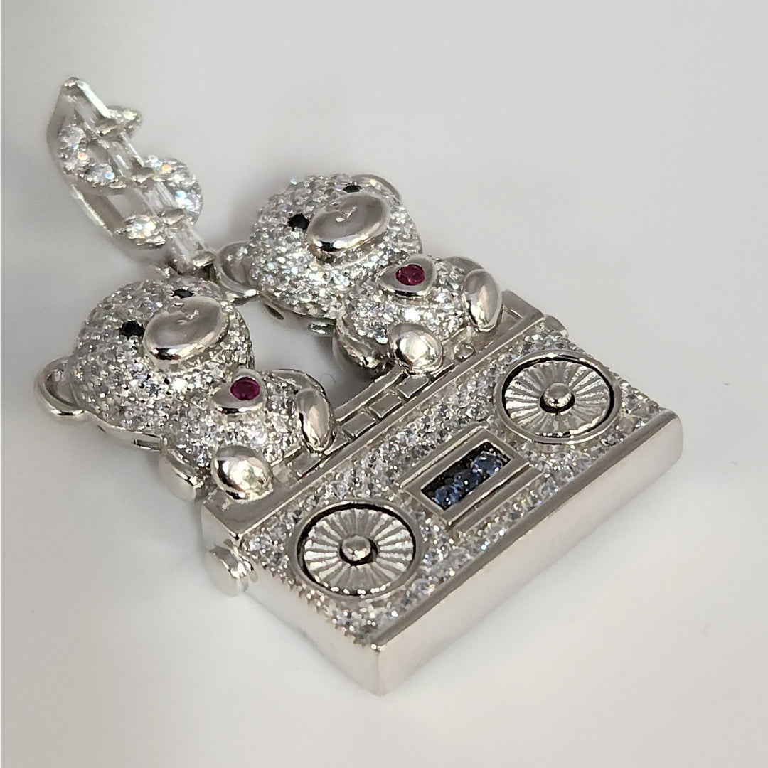 925 Sterling Silver Double Teddy Bear Pendant W/ CZ Accents And Dollar Sign Bail